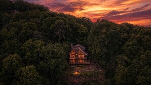 A cabin surrounded by dense forest with a visible fire pit.