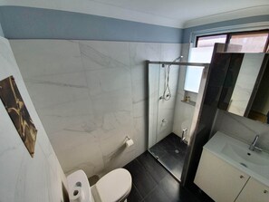 Douche, séchoir à cheveux, serviettes fournies, savon