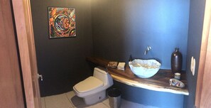 A bathroom with a toilet, a sink with a large bowl, and a decorative item on the wall. - Best Value in Heart of Old Town - Modern Architecture -- Free WiFi (Puerto Vallarta)
