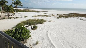 A beach with white sand, palm trees, and a view of the ocean.