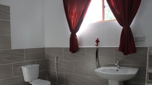 A bathroom with a toilet, bidet, and sink. - Homely & Friendly property (DSM)