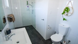 Shower, hair dryer, towels, soap