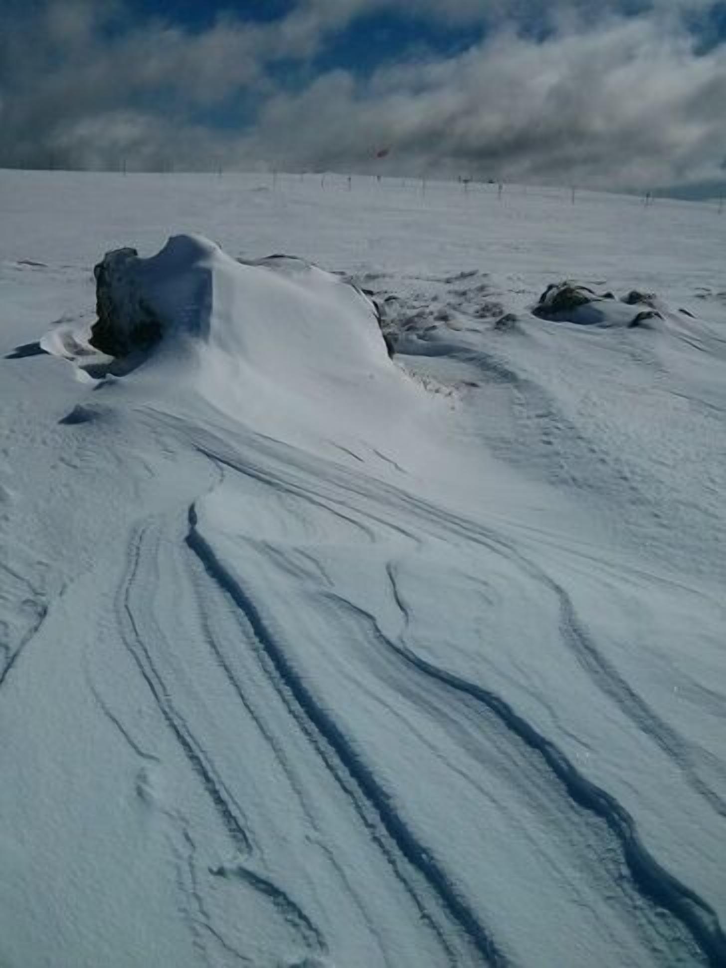 Un paisaje nevado con un gran banco de nieve y huellas.