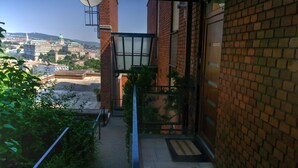 A narrow alleyway with a brick wall on one side and a metal gate on the other. There is a small patch of greenery and a clear view of a distant building with a green dome. - View from Budapest apartment (Budapest)
