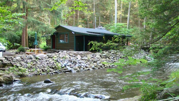 A cabin by a river surrounded by trees. - Get cozy at Big Al's Poconos Creek House - Wireless DSL and Trout!! (Stroudsburg)