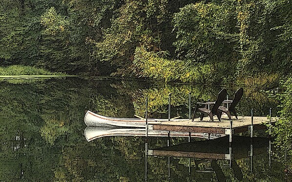 A dock with a canoe and a table, surrounded by dense trees and calm water.