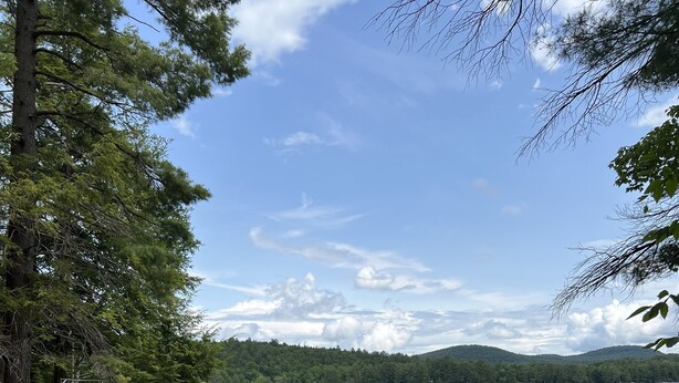 A lakeside picnic area with a wooden bench, surrounded by trees and a rocky shoreline. - Beautiful lakeview cottage on Friends Lake (Chestertown)