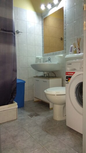 Un baño con lavamanos, espejo, inodoro y lavadora.