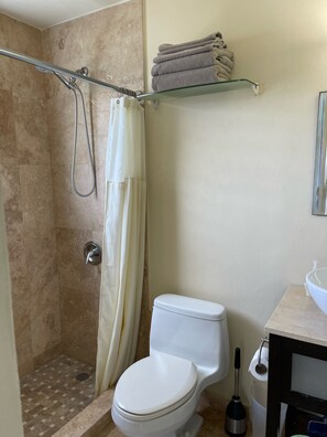 Douche, séchoir à cheveux, serviettes fournies, savon
