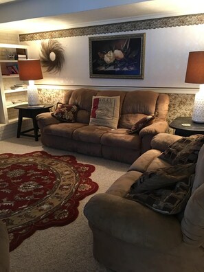 TV, fireplace, DVD player, books