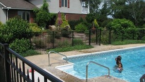 A swimming pool with a stone deck, a metal safety ladder, and a black metal fence.