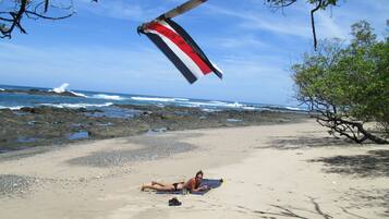 A beach with a person lying on a towel, a flag, and rocky shoreline.