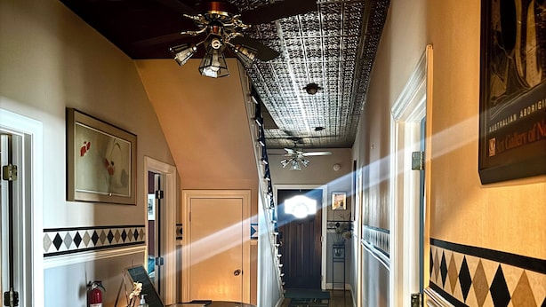 A hallway with a patterned carpet, a round table with a plant, and a ceiling fan. - Huge Space for 10 +pets Gated 6 cars;15 min walk- B’way; Pickle-ball ct 2bathrms (Nashville)