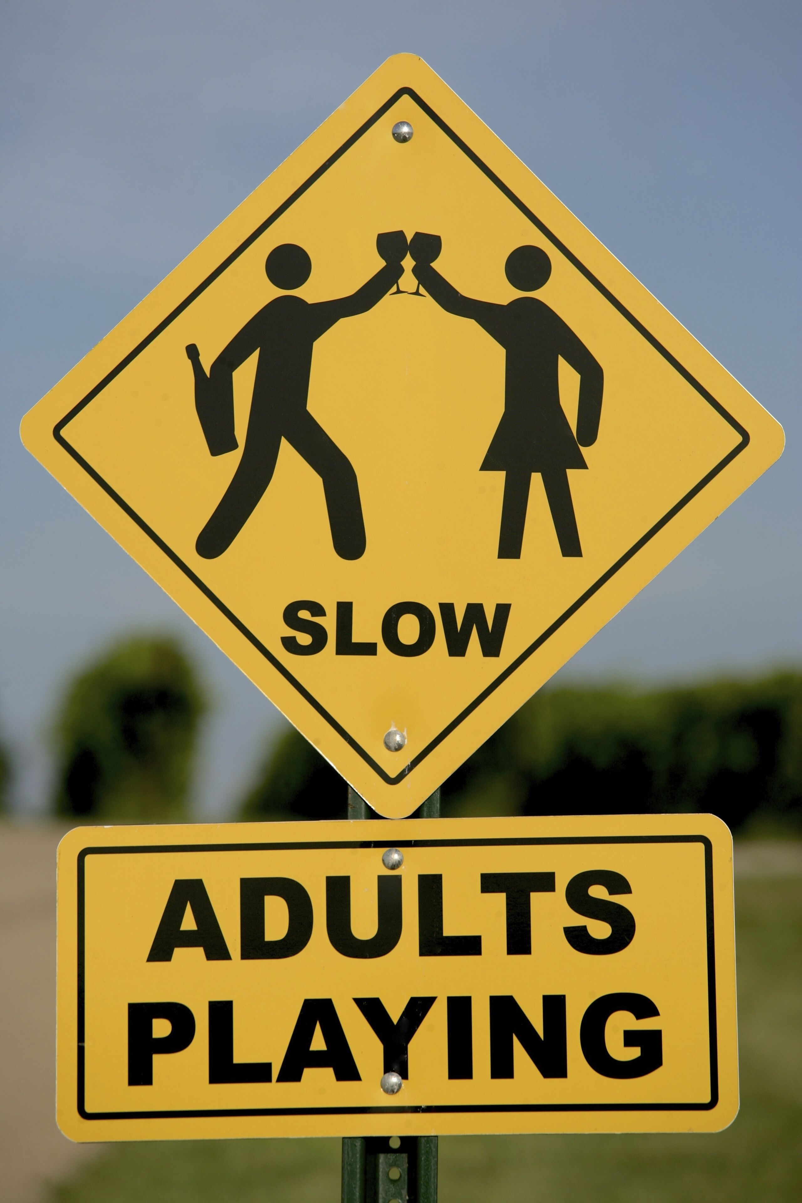 A road sign with a diamond shape and a rectangular sign below it.