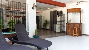 Una habitación con dos sillones, una barra de madera y plantas en macetas.