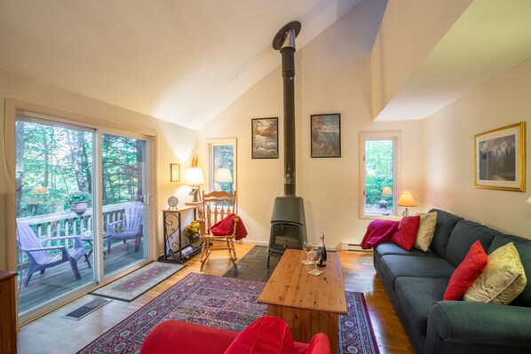 Ein gemütliches Wohnzimmer mit Kamin, einer Couch, einem Couchtisch und Blick ins Freie durch große Fenster.