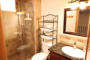 Combined shower/bathtub, hair dryer, towels, soap