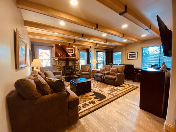 Smart TV, fireplace, video games, DVD player