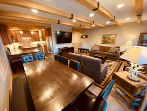 Smart TV, fireplace, video games, DVD player