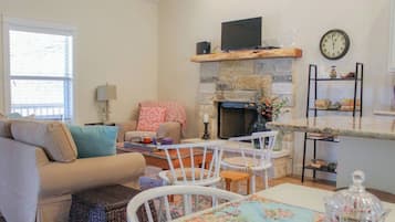 Smart TV, chimenea, reproductor de DVD y libros