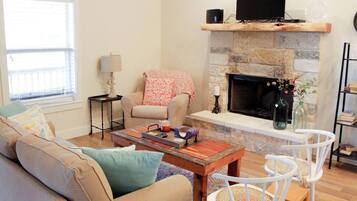 Smart TV, chimenea, reproductor de DVD, libros