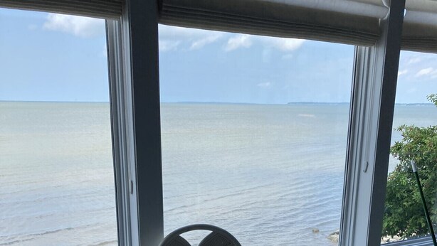 Et glasbord med udsigt over havet, en stol og en lille plante på bordet.