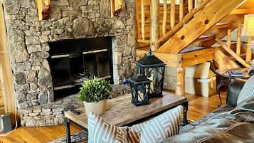 Smart TV, fireplace, books