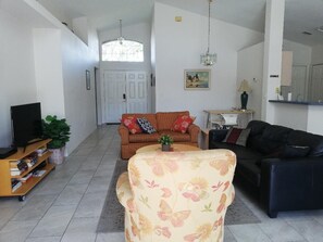 TV, DVD player, books, video library