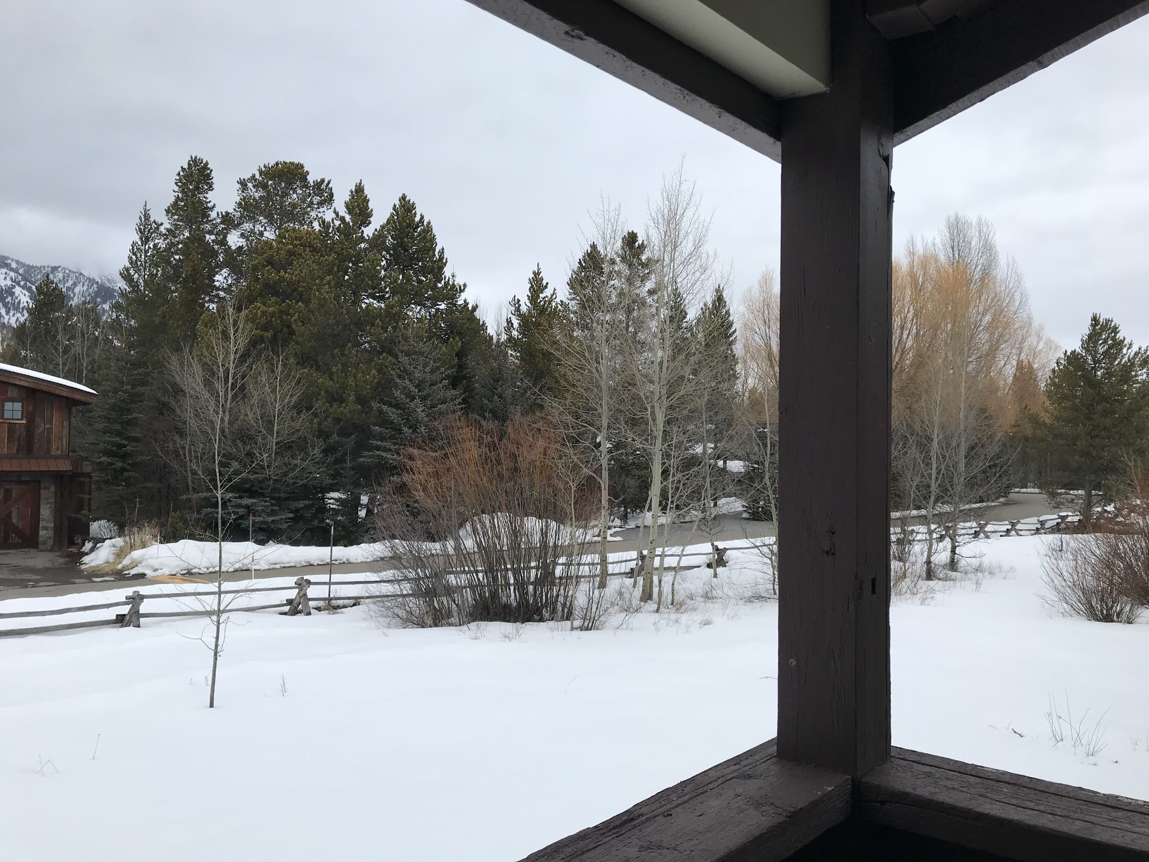 A wooden cabin with a view of a snowy landscape, including trees and a mountain in the background.