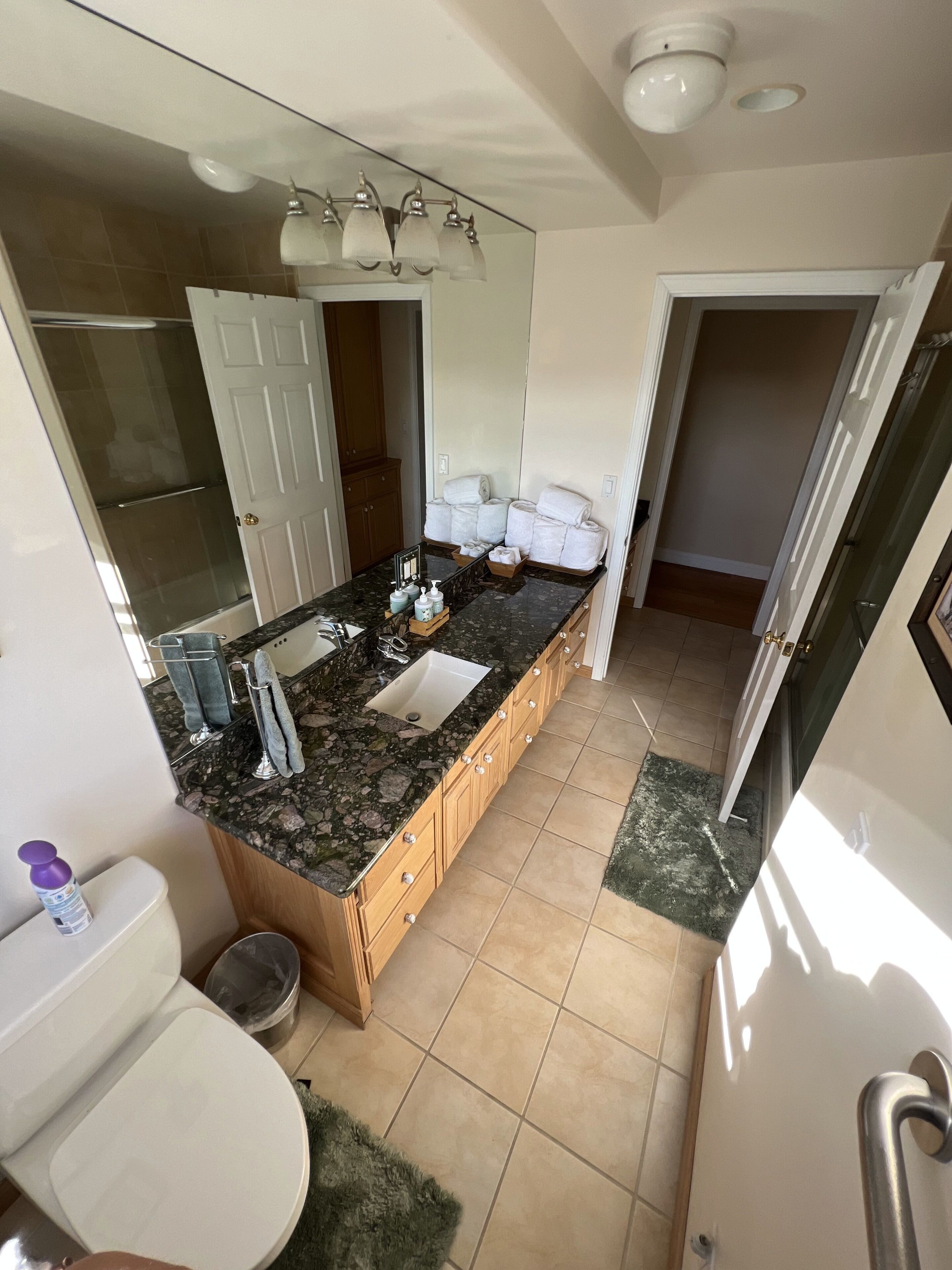 Une salle de bain dotée d’un grand miroir, d’un lavabo avec un plan de travail en granit, de toilettes et d’un espace douche.