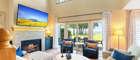 Smart TV, fireplace, DVD player, video library