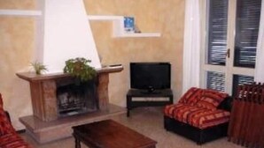 Una sala de estar con chimenea, televisor, sofá y una mesa de centro.
