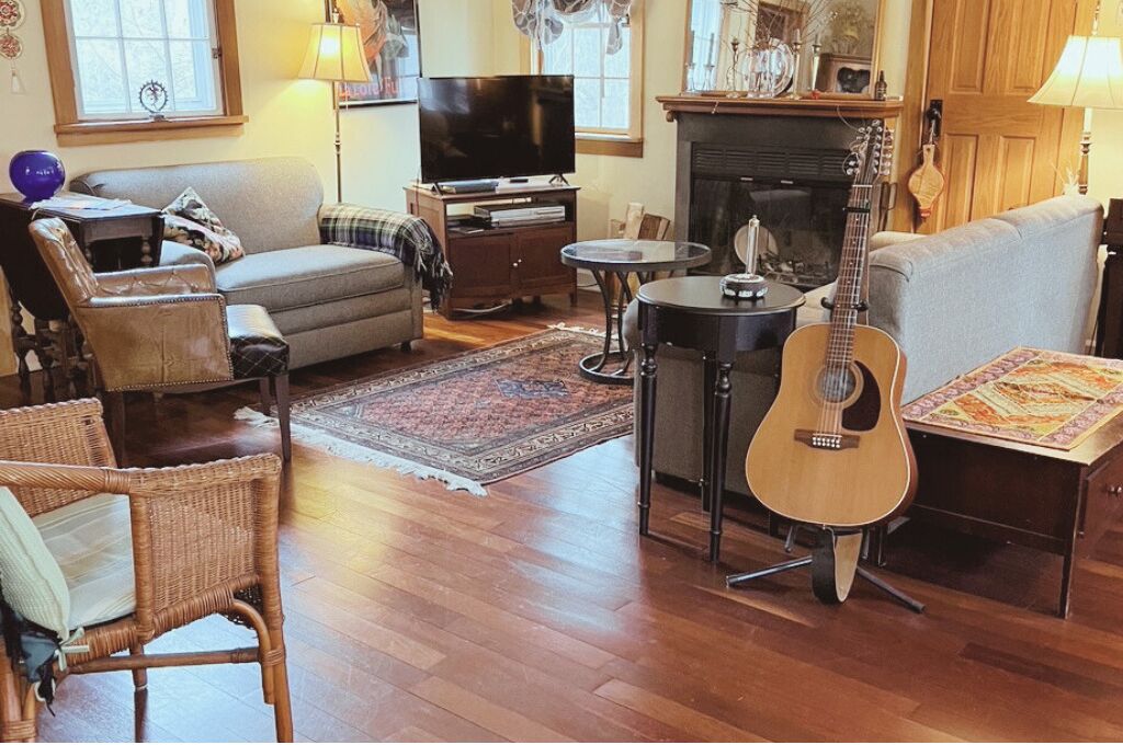 Smart TV, fireplace, DVD player, books