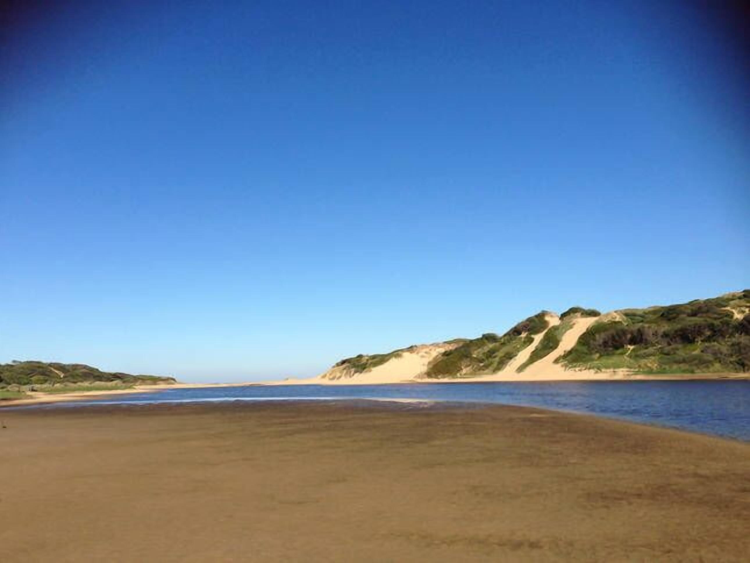 En strand med klar himmel, sandet bredde og en lille bakke med vegetation.