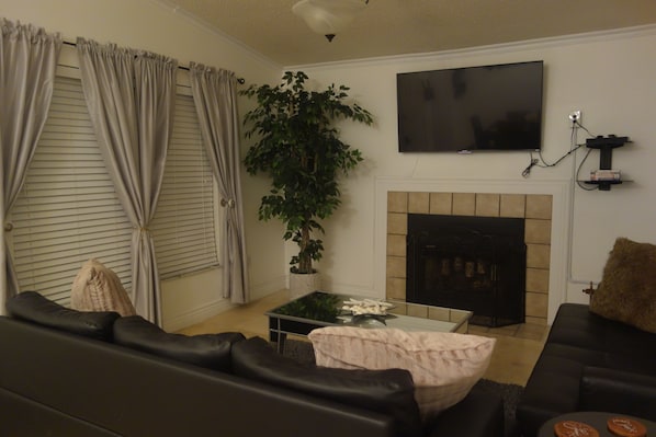 Uma sala de estar com lareira, televisão montada acima e uma grande planta.