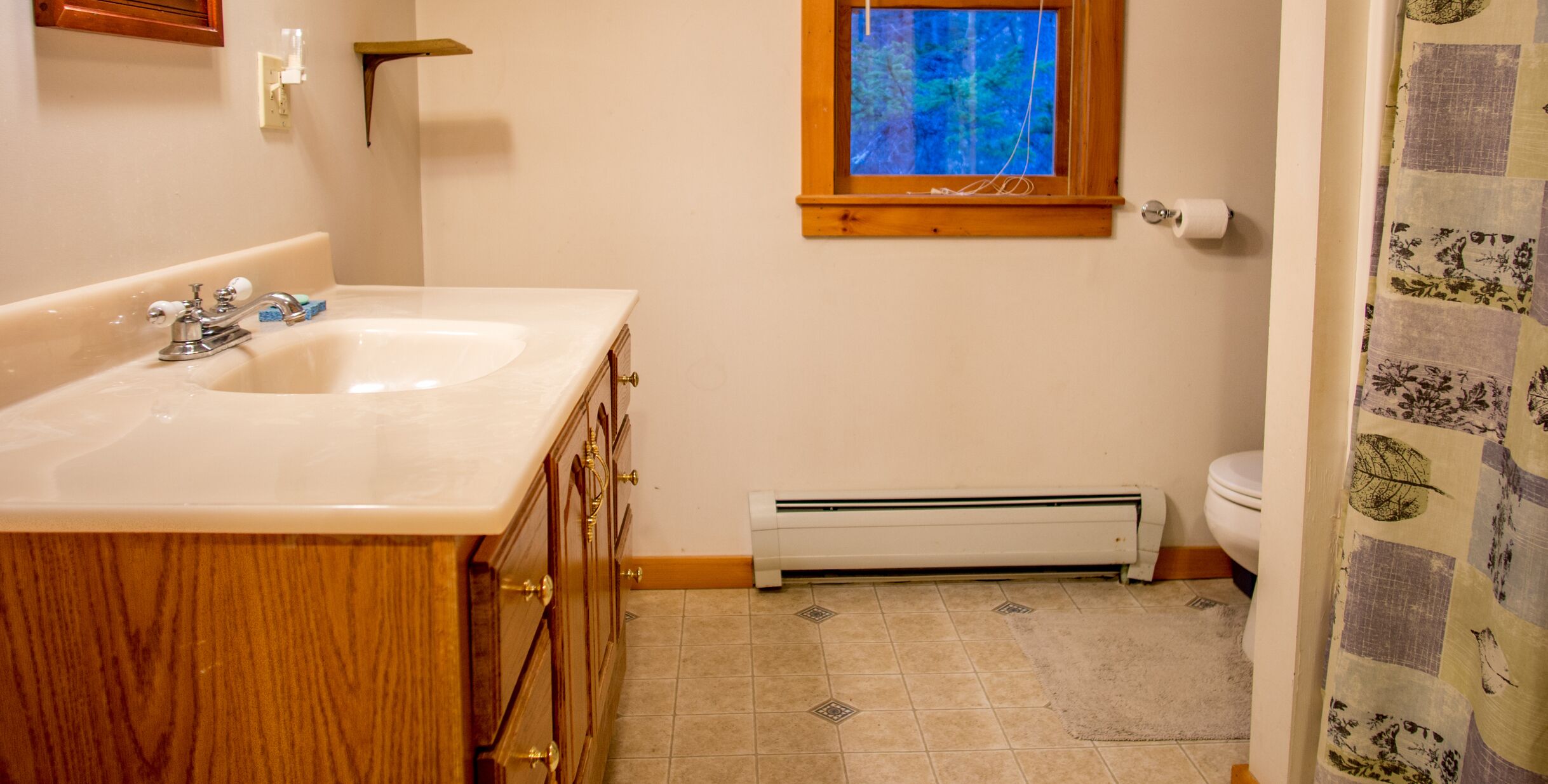 A bathroom with a wooden vanity, a white sink, a window with a view of trees, a toilet, and a radiator.