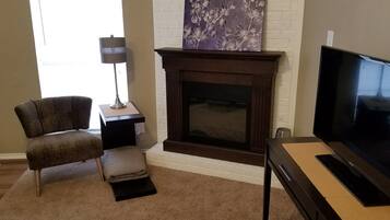 TV, fireplace, books