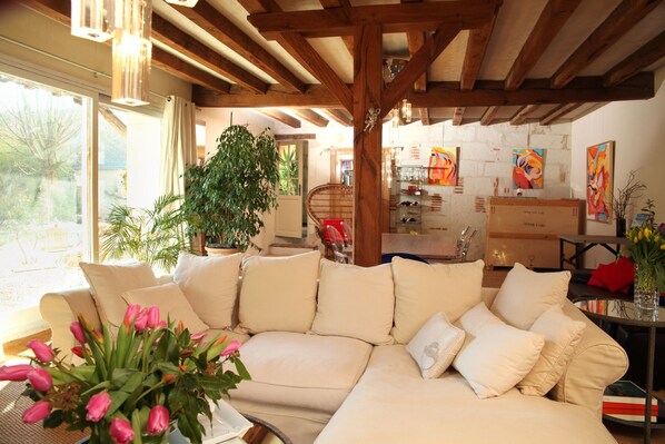 Een smart-tv, een open haard, een dvd-speler en boeken