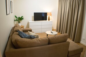 Flat-screen TV, DVD player, books, music library
