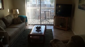 A living room with a sofa, a coffee table with a bowl, a TV on a stand, and a view through a sliding glass door.