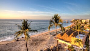 A beach with palm trees, a thatched-roof building, and a view of the ocean.