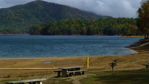 A lakeside park with picnic tables and a bench, surrounded by a forested hillside.