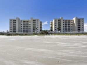 Beach view of condo complex