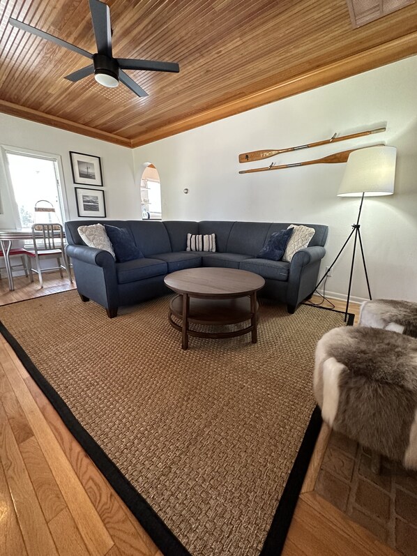 Smart TV, fireplace, DVD player, books