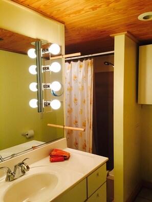 Ensemble douche/baignoire, sèche-cheveux, serviettes fournies, savon