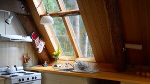Una cocina con estufa, lavamanos y ventana con vista a árboles.