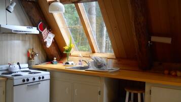 Fridge, microwave, coffee/tea maker, cookware/dishes/utensils