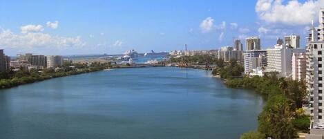 A river with buildings on both sides, a clear sky, and a distant cruise ship.
