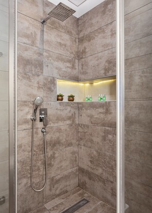 Shower, eco-friendly toiletries, hair dryer, bathrobes