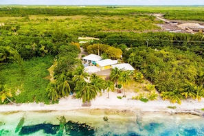 A coastal property with a white building, surrounded by dense greenery and a beach.